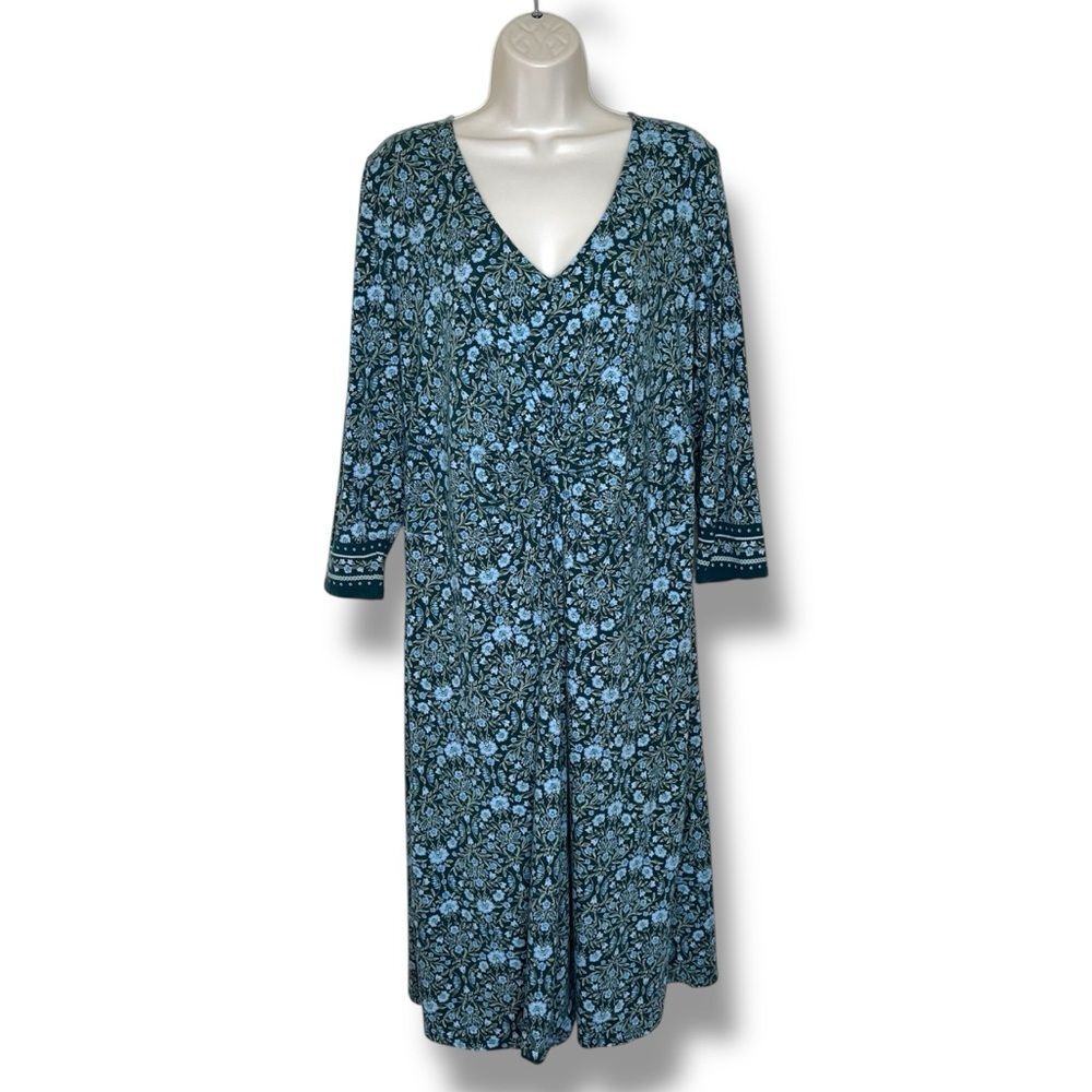 Lands End Floral Twist Knot Front Ruched V Neck Blue Green Dress Women Large